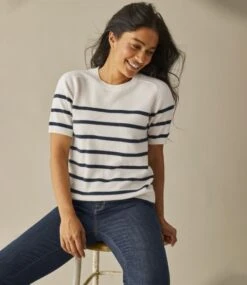 L.L.Bean Women's Classic Cashmere Sweater, Short-Sleeve Tee Stripe -Outdoor Exploration 519946 0 46